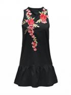 Choies Black Embroidery Floral Open Back Sleeveless Flounced Dress