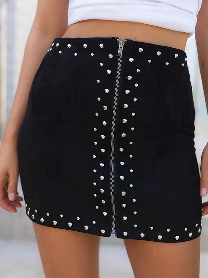 Choies Black Faux Suede High Waist Studs Zip Up Front Pencil Mini Skirt