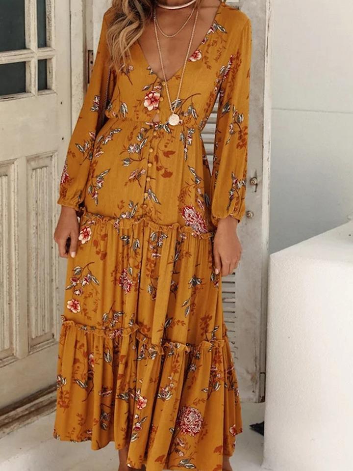 Choies Yellow Cotton Floral Print Long Sleeve Chic Women Maxi Dress