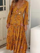 Choies Yellow Cotton Floral Print Long Sleeve Chic Women Maxi Dress