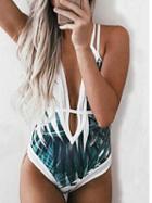 Choies Green Leaf Print Cross Strap Back Swimsuit