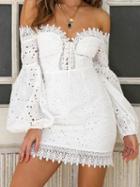 Choies White Off Shoulder Puff Sleeve Chic Women Lace Mini Dress