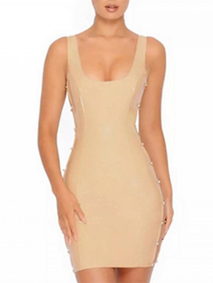 Choies Beige Cut Out Detail Leather Look Bodycon Mini Dress