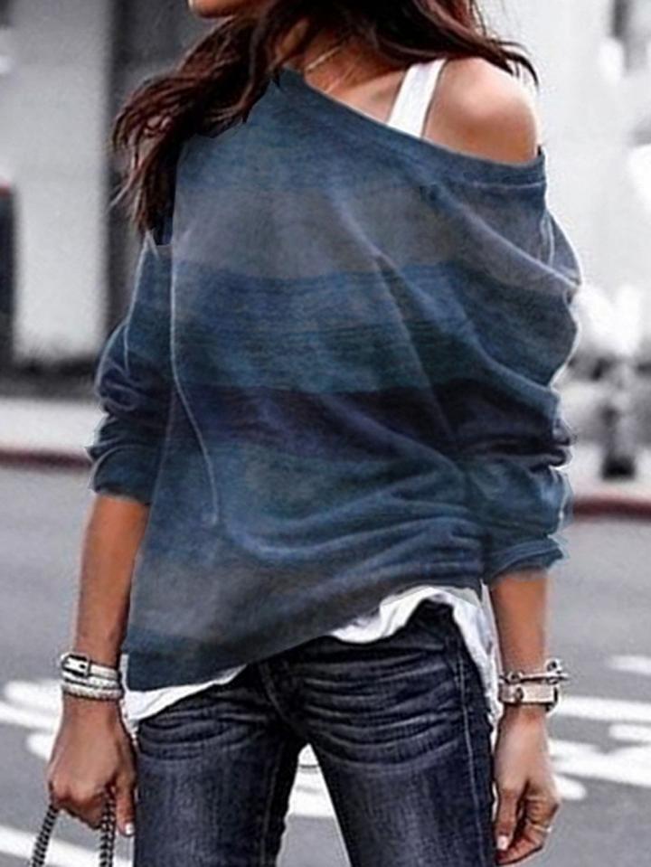 Choies Blue Chevron Print Long Sleeve Chic Women Sweatshirt