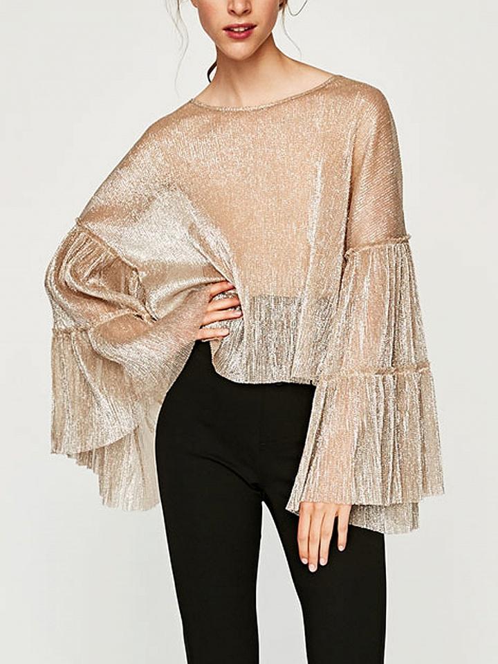 Choies Beige Sparkle Flare Sleeve Blouse Top