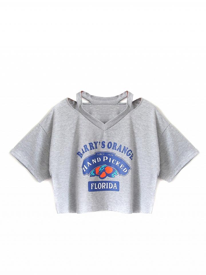 Choies Gray V-neck Letter Print T-shirt