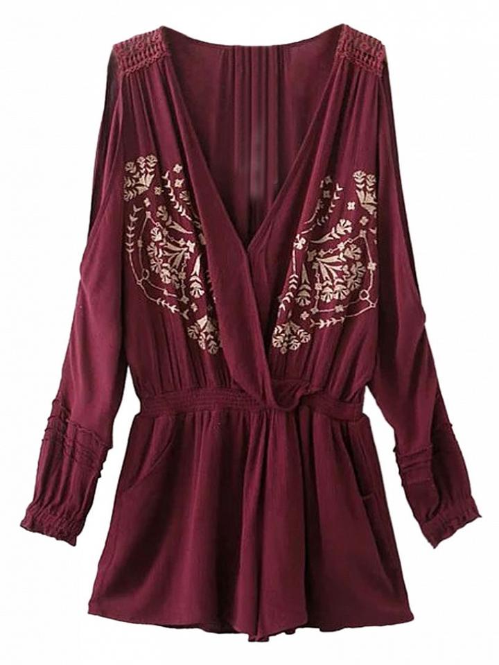 Choies Burgundy Wrap Plunge Cold Shoulder Embroidery Romper Playsuit