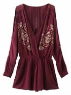 Choies Burgundy Wrap Plunge Cold Shoulder Embroidery Romper Playsuit