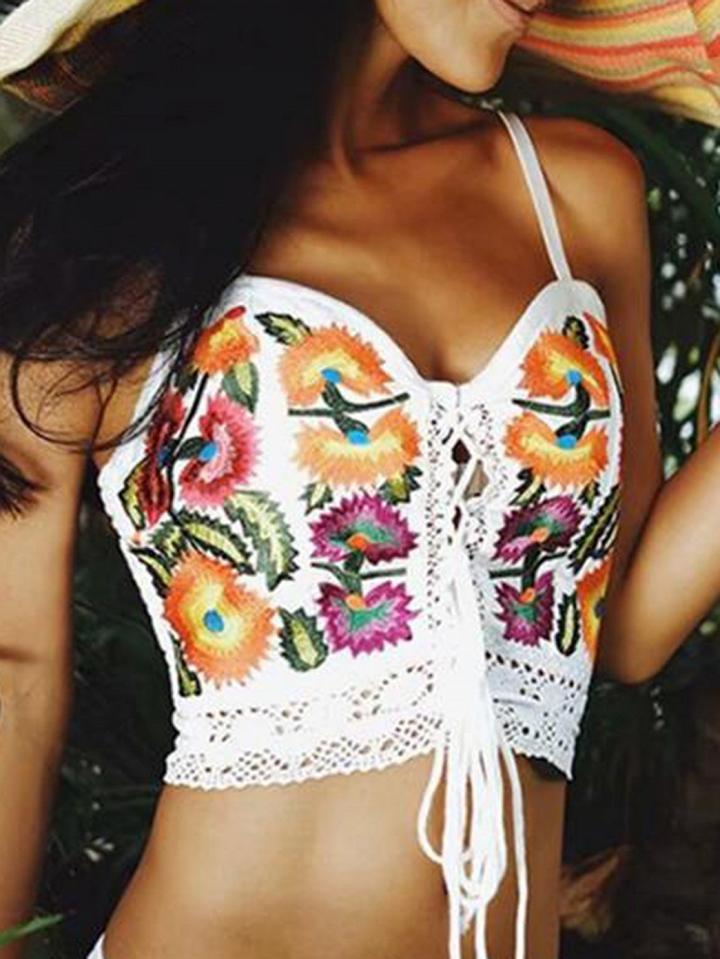 Choies White Cotton Flower Embroidery Lace Up Front Women Crop Cami Top