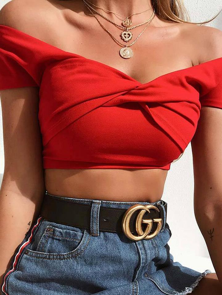 Choies Red Cotton Off Shoulder Knot Front Chic Women Crop Top