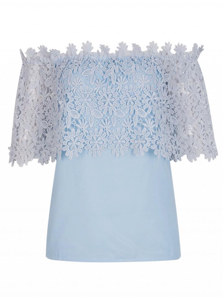 Choies Blue Contrast Lace Overlay Off Shoulder Blouse