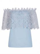Choies Blue Contrast Lace Overlay Off Shoulder Blouse