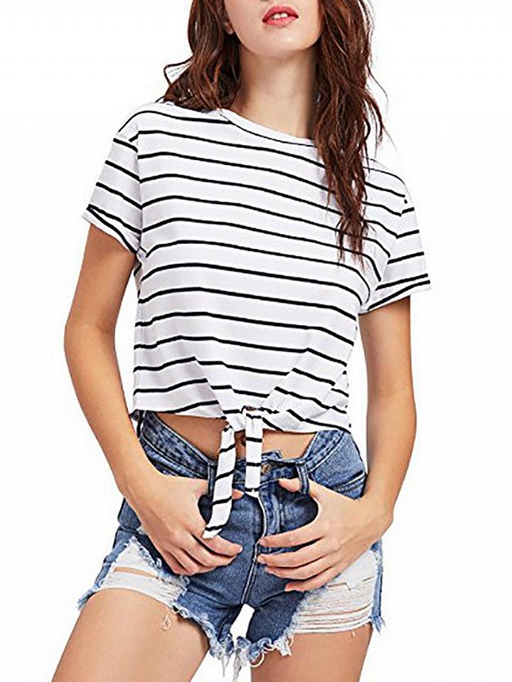 Choies Black Stripe Tie Front T-shirt