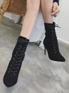 Choies Black Faux Suede Lace Up Pointed Heeled Boots