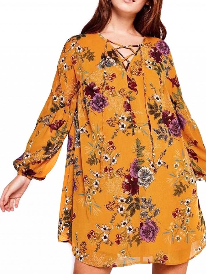Choies Yellow Lace Up Front Floral Flare Sleeve Mini Dress
