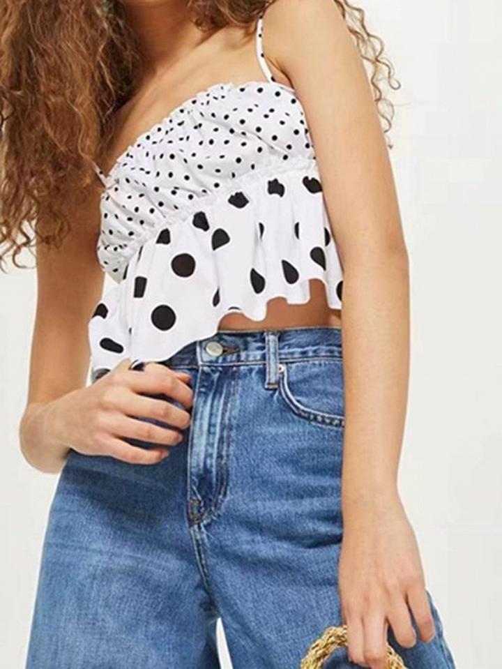 Choies White Polka Dot Print Ruffle Hem Chic Women Crop Cami Top