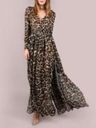 Choies Leopard V-neck Tie Waist Thigh Split Puff Sleeve Maxi Dress
