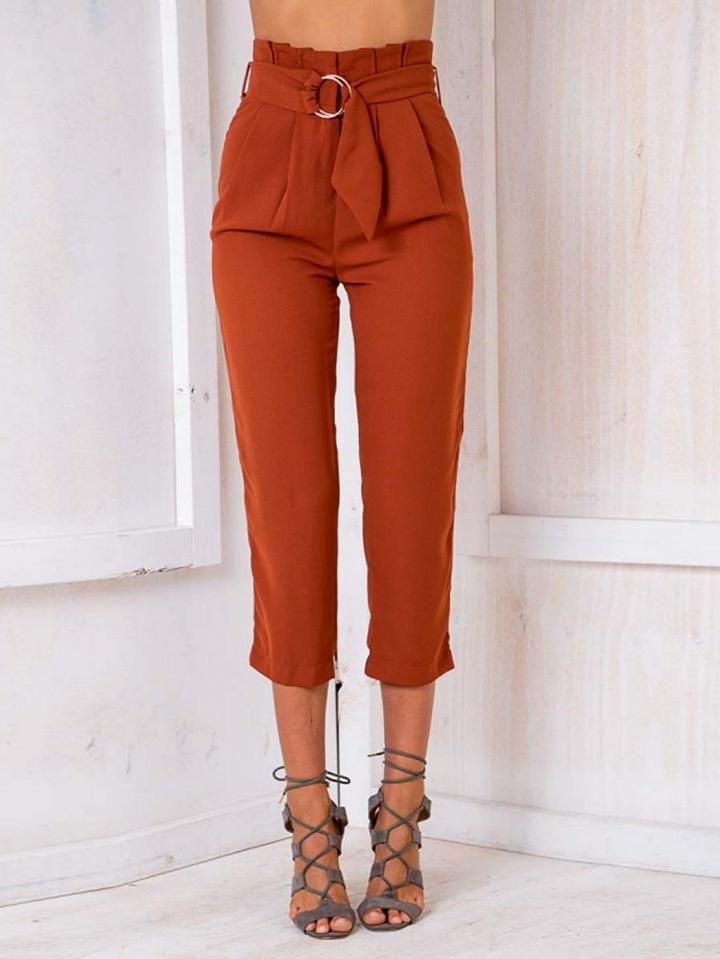 Choies Reddish Brown High Waist Ring Belt Crop Cigarette Pants