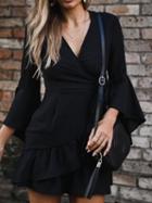 Choies Black V-neck Tie Waist Ruffle Hem Flare Sleeve Chic Women Mini Dress