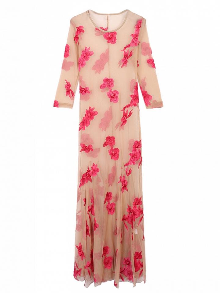 Choies Rose Embroidery 3/4 Sleeve Sheer Maxi Beach Dress