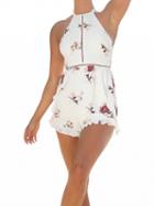 Choies White Halter Floral Backless Cut Out Detail Romper Playsuit