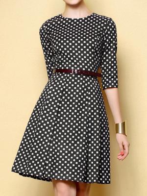 Choies Dot Print Mid Dress With Belt