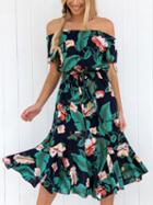 Choies Green Off Shoulder Floral Print Tie Waist Midi Dress