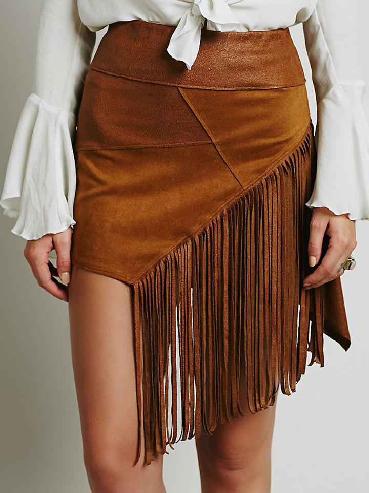 Choies Brown Suedette Asymmetric Fringed Skirt