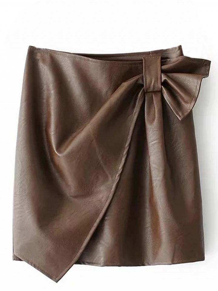 Choies Brown High Waist Bow Detail Asymmetric Hem Leather Look Skirt