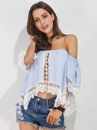 Choies Blue Off Shoulder Lace Hem Crop Top