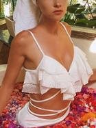 Choies White Nylon V-neck Ruffle Trim Chic Women Swimsuit