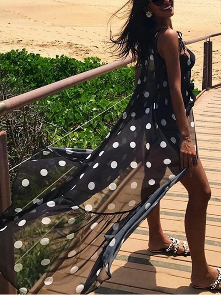 Choies Navy Blue Spaghetti Strap V-neck Bow Front Polka Dot Maxi Dress