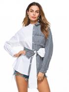 Choies Color Block Stripe Bow Tie Detail Shirt