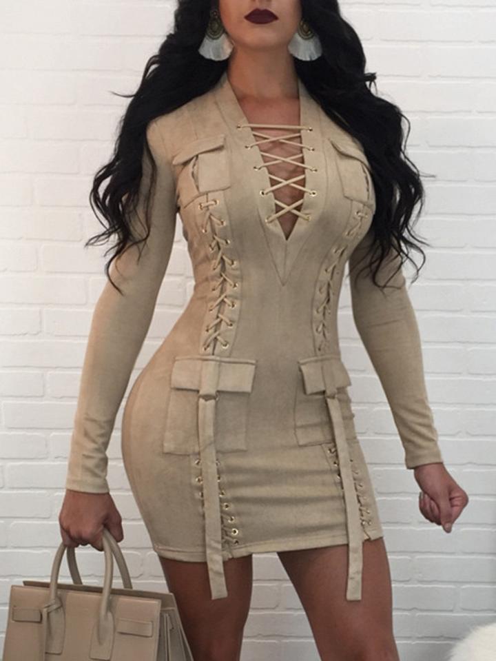 Choies Beige Lace Up Detail Faux Suede Bodycon Mini Dress