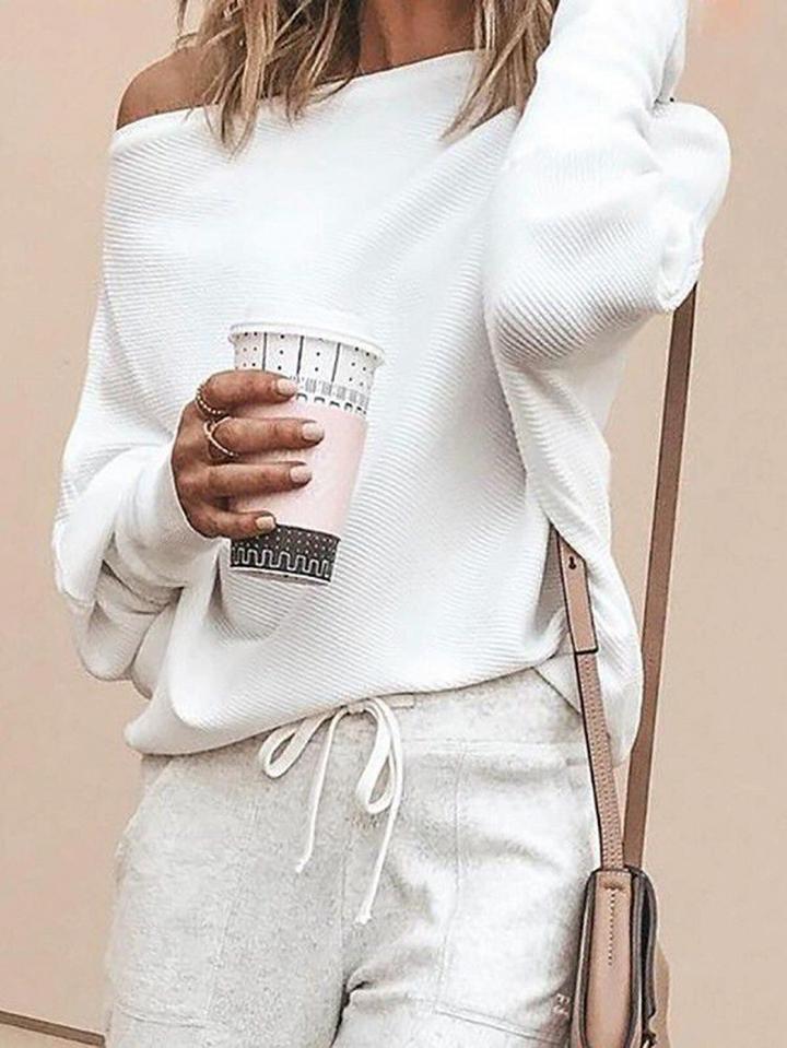 Choies White Ribbed Off Shoulder Batwing Sleeve Women Sweater