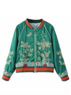 Choies Green Stripe Detail Embroidery Bomber Jacket
