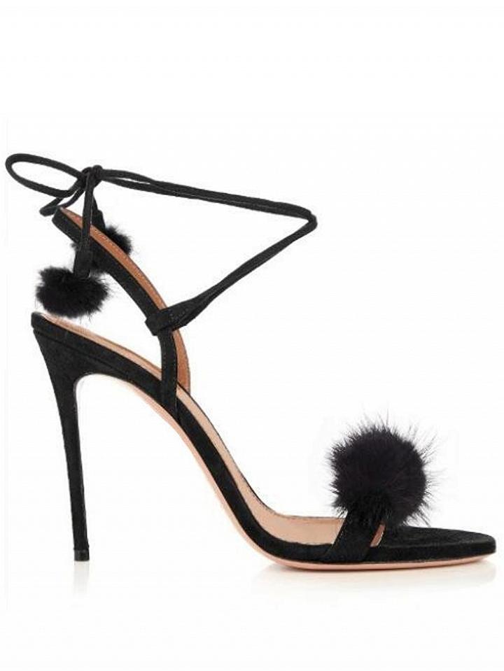 Choies Black Leather Pom Pom Detail Tie Heeled Sandals