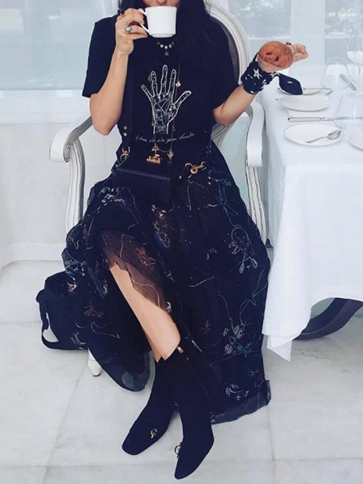 Choies Black High Waist Print Detail Chic Women Sheer Mesh Maxi Skirt
