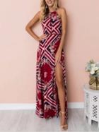 Choies Red Thigh Split Print Detail Open Back Maxi Dress