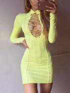 Choies Yellow Faux Suede Plunge Lace Up Front Bodycon Mini Dress