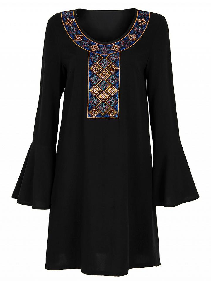 Choies Black Geo Embroidered Flare Sleeve Shift Dress