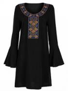 Choies Black Geo Embroidered Flare Sleeve Shift Dress