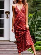 Choies Red Halter V-neck Folk Print Open Back Chic Women Maxi Dress