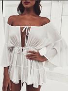 Choies White Off Shoulder Tie Front Ruffle Sleeve Romper Playsuit