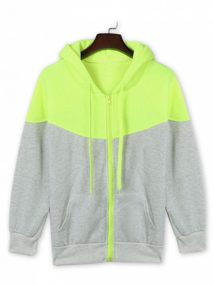 Choies Light Green Color Block Zip Front Drawstring Hoodie