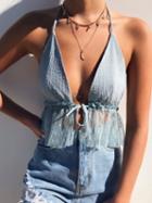Choies Blue Halter Plunge Sheer Mesh Panel Chic Women Crop Cami Top