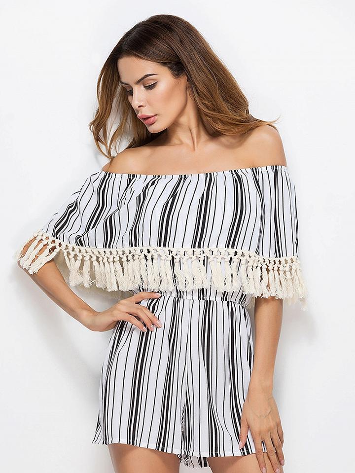 Choies Monochrome Stripe Off Shoulder Tassel Detail Romper Playsuit