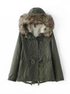 Choies Army Green Drawstring Waist Faux Fur Hood Parka Coat