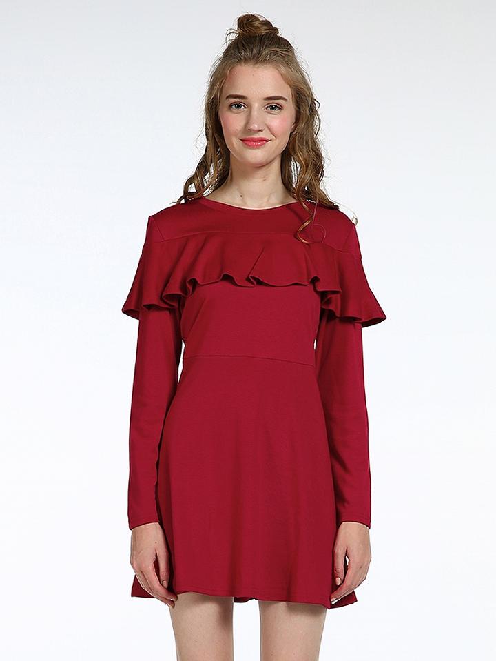 Choies Red High Waist Ruffle Trim Long Sleeve Mini Dress