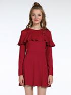 Choies Red High Waist Ruffle Trim Long Sleeve Mini Dress